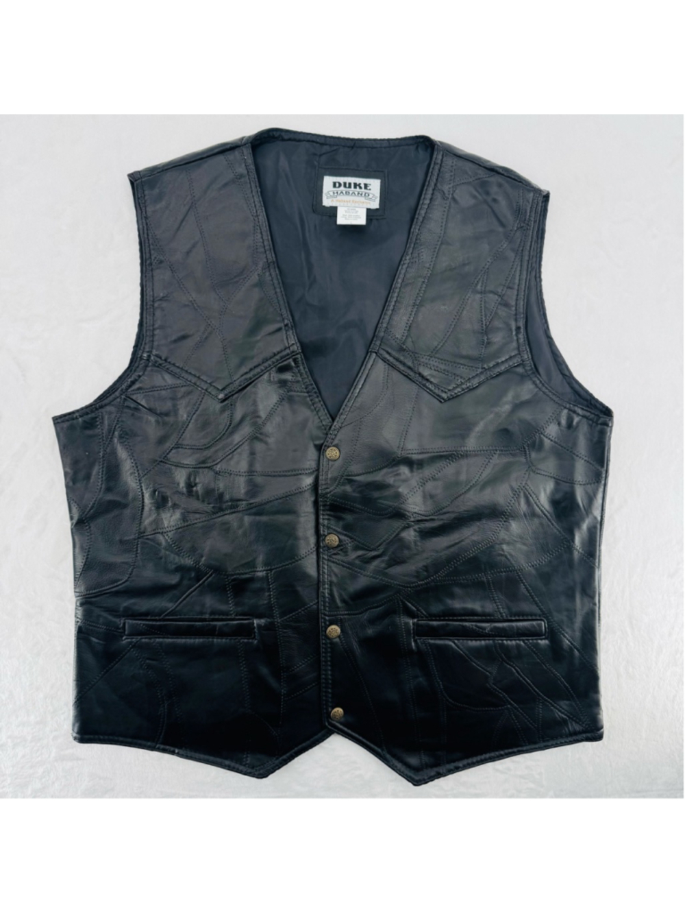 Vintage Black Leather Vest Patchwork Biker Motorcycle Duke Haband Men's Large